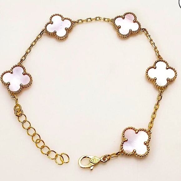 Gold Four Leaf Clover Bracelet Mother of Pearl Luxury - Picture 4 of 9